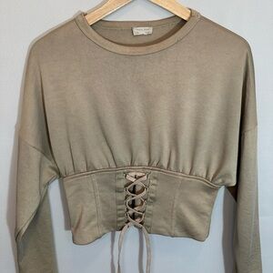 Zara Corset Womens Size 8 Top Blouse Long Sleeve Lace Up Tan Heavy Fabric